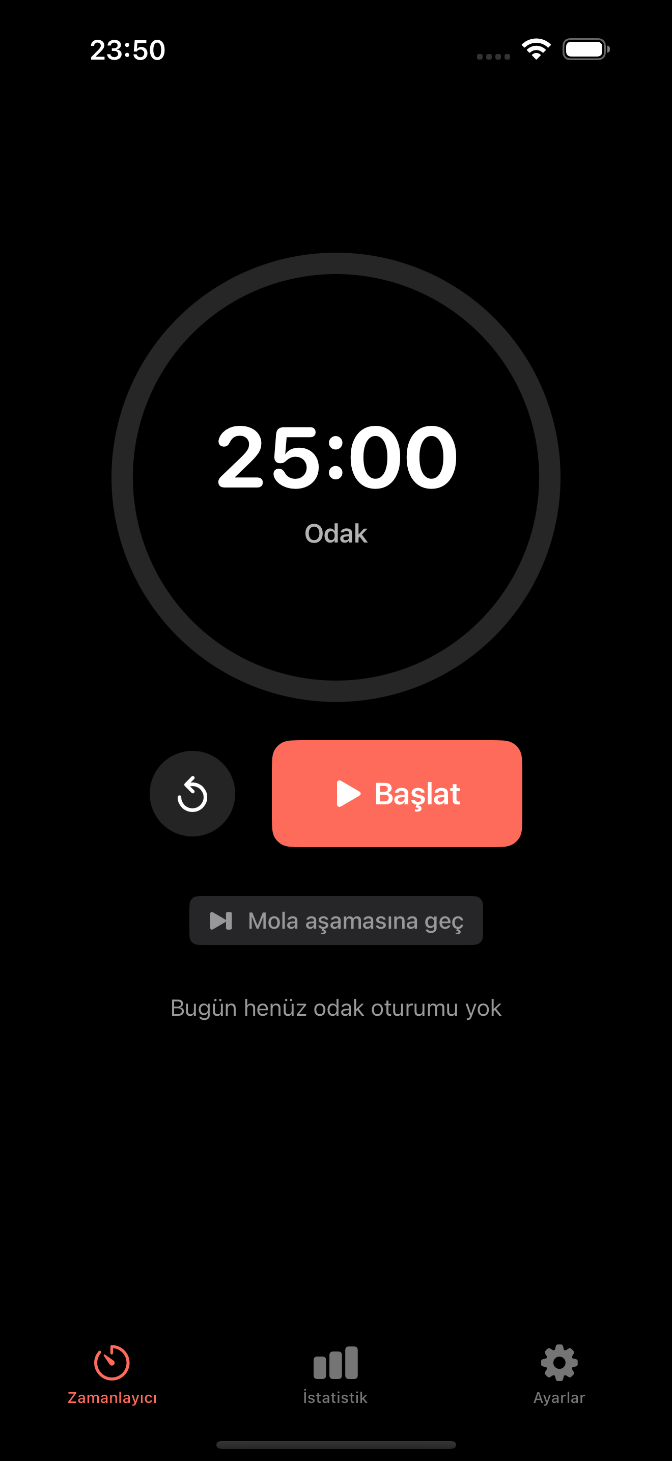 FocusTimer zamanlayıcı ekranı: 25:00 odak sayacı, Başlat ve Sıfırla düğmeleri, faz atla
